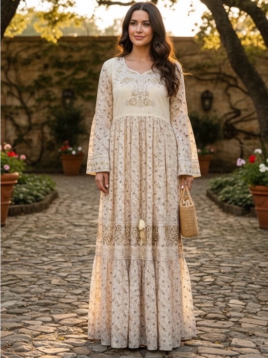 KASHKHA Dresses & Skirts - Boho Prairie Maxi Dress Beige Floral XL Gold Sequins NWT